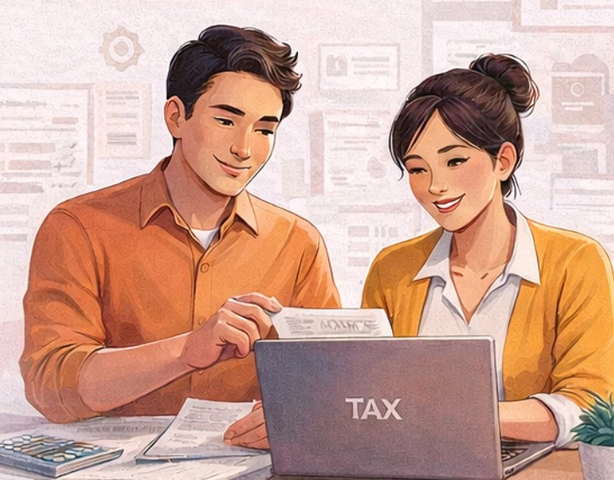 Young couple looking at paper work in front of laptop with TAX written on the back.